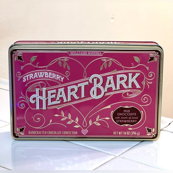 Williams Sonoma EMPTY Pink Gold Strawberry Heart Bark Rectangle Tin Box 8x5x1.8" - Picture 1 of 9